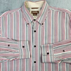 Michael Kors Shirt Mens L Red Striped Cotton Long Sleeve Office Casual Preppy
